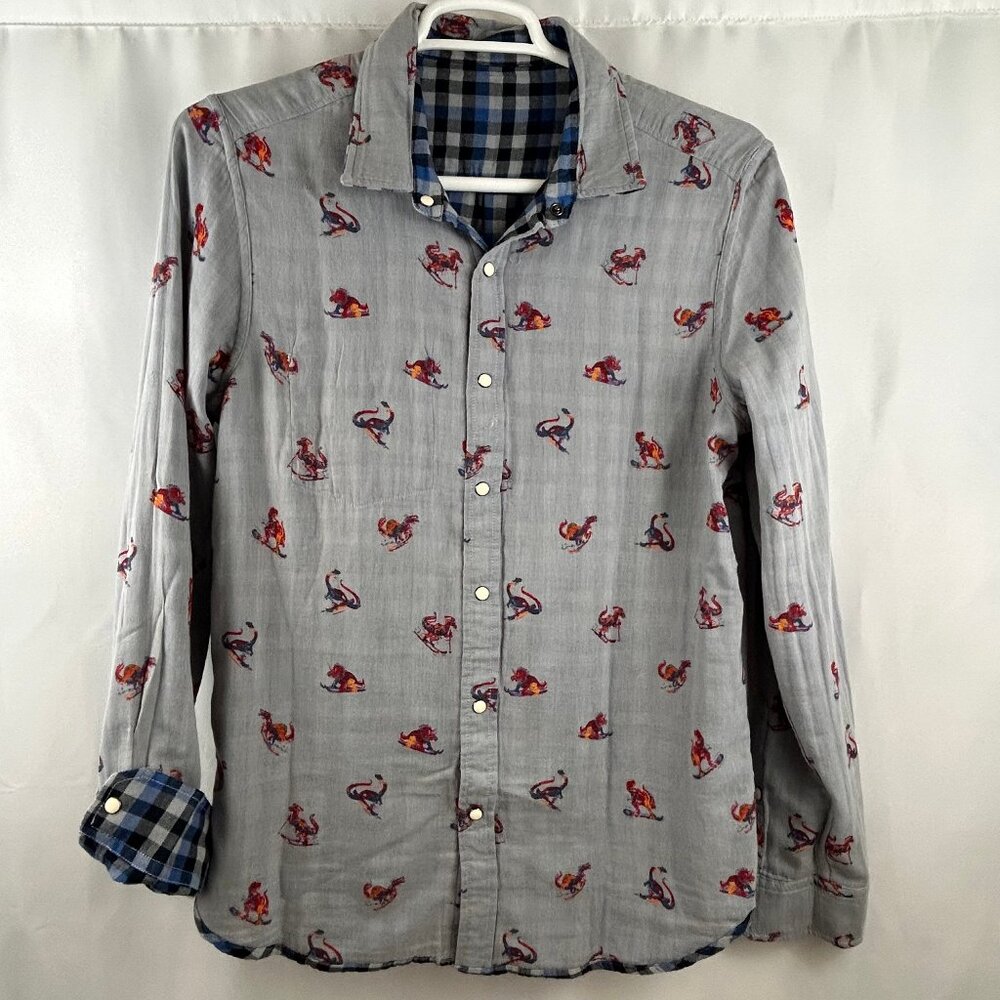 NWT Chubbies Flip Reverse It Reversible Dinosaur Snap Button Blue Plaid Shirt L
